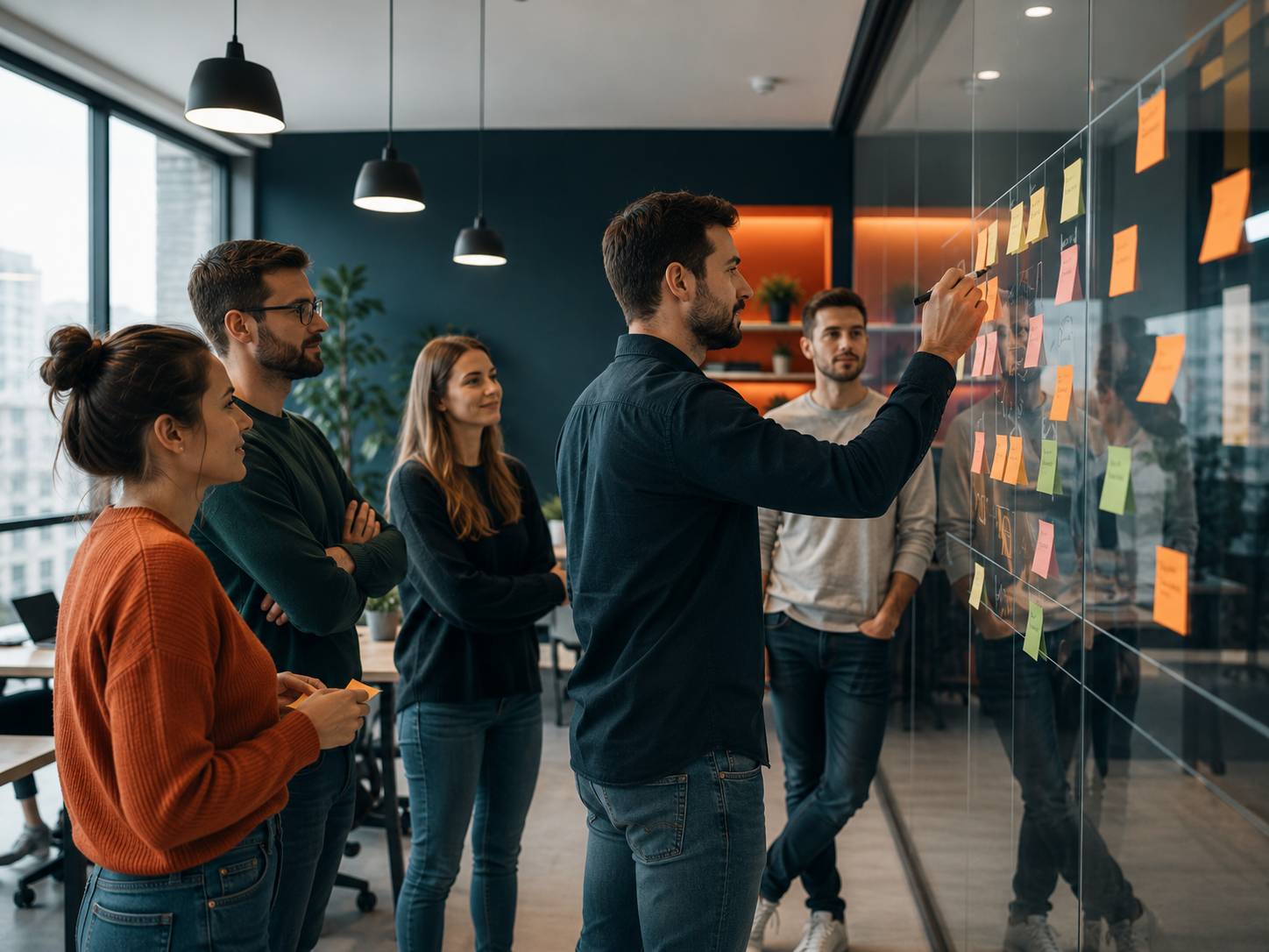 Team planning a project on a sticky-note board