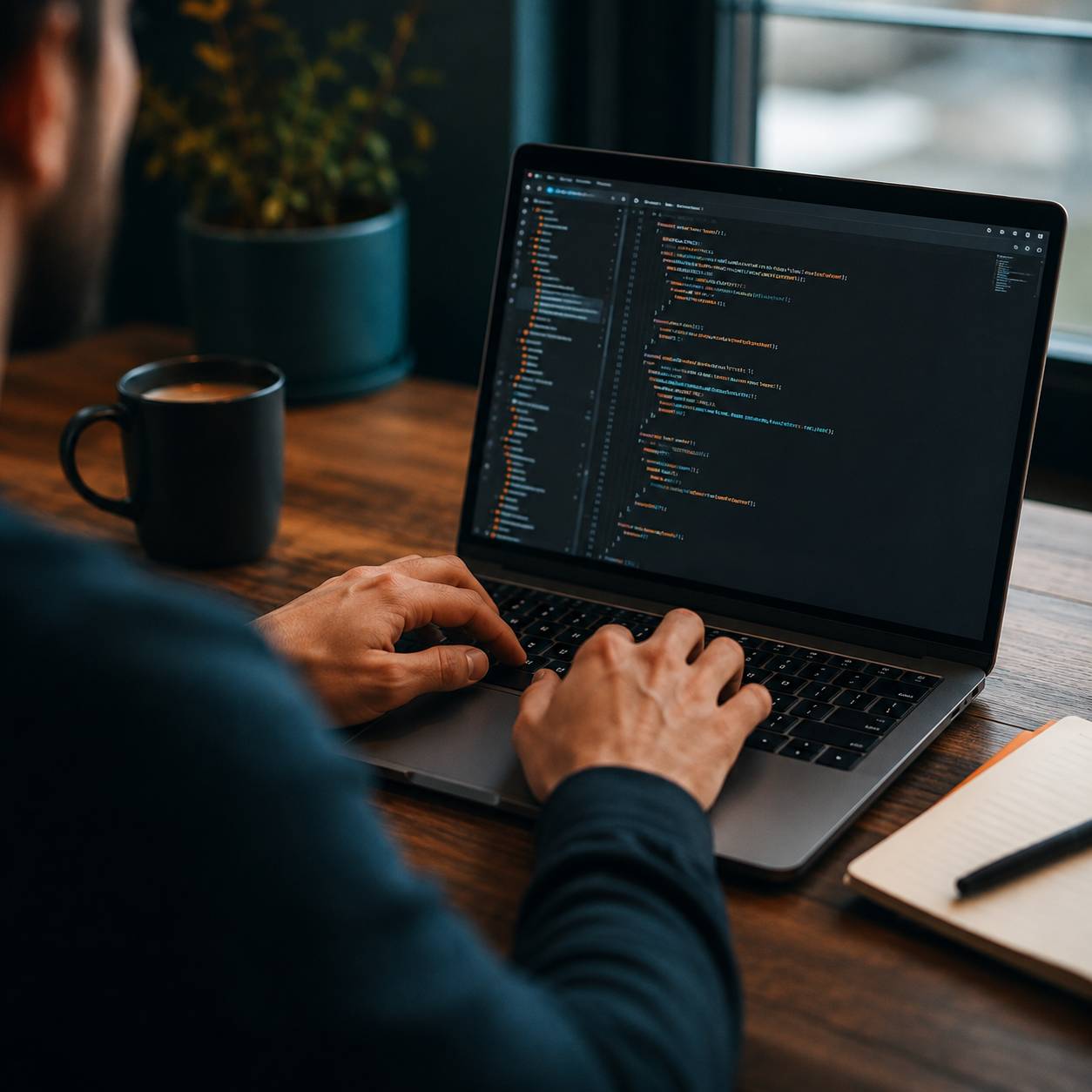 Developer writing code on a laptop