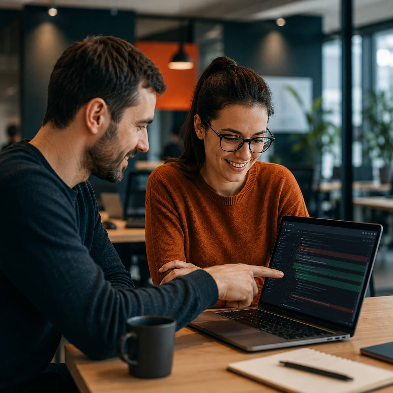 Colleagues reviewing code together